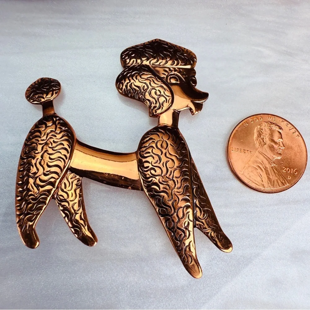 Vintage Etched Copper Poodle Dog Brooch Pin